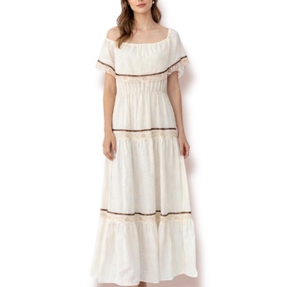 Vintage Women 70s Prairie Renaissance Maxi Dress Size Medium Ethereal Angel Boho